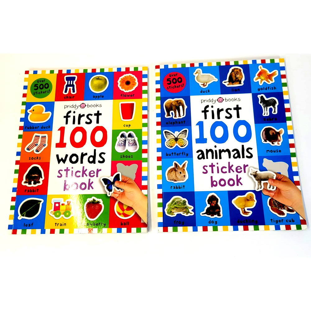 First 100 Words & Animals Roger Priddy 2 PB Sticker Book Lot Colorful Large Kids